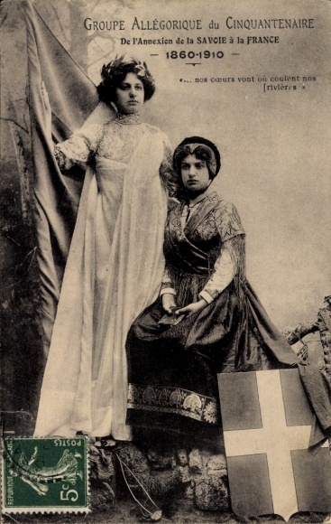 Postcard Groupe allégorique, Costumes de Savoie, woman in French costume, 1860-1910