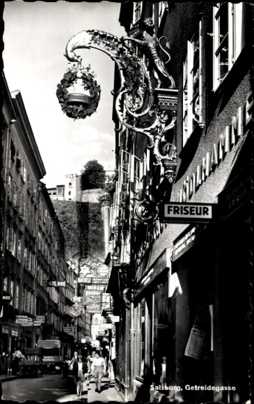 PC Salzburg in Austria, Getreidegasse, shops, hairdresser