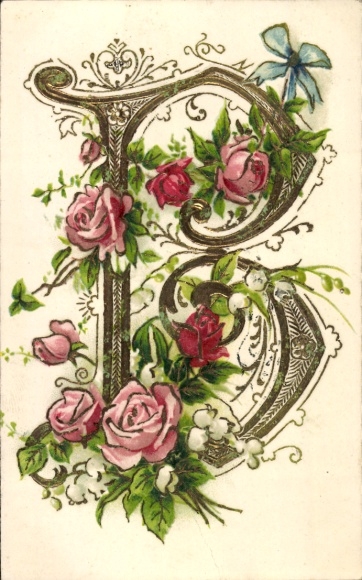 Embossed letters Postcard letter B, roses, bow
