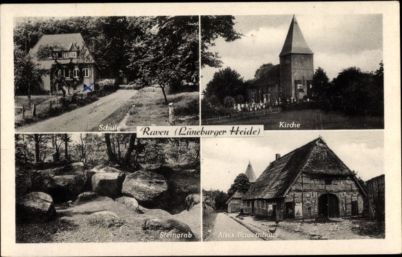Ak Raven Soderstorf op de Lüneburger Heide, school, kerk, boerderij, stenen graf