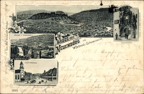 Chromo-Litho Neuenbürg in the Black Forest Württemberg, panorama, main street, castle gate