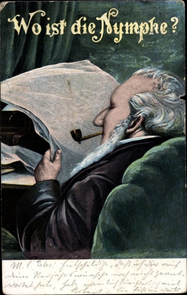 Vexier Postcard Where is the nymph, man with newspaper and pipe