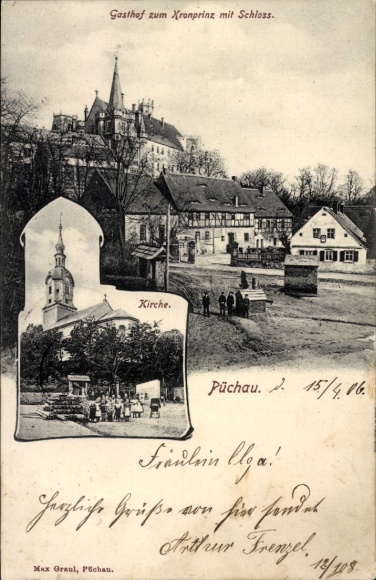 Postcard Püchau, Inn of the Crown Prince with castle, church