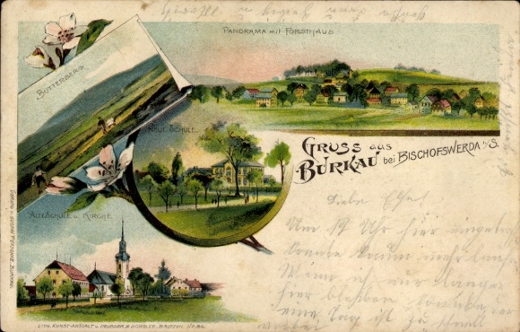 Postcard Burkau in Saxony, panorama with forester's house, Butterberg, Eutschule, Burkau, old architecture