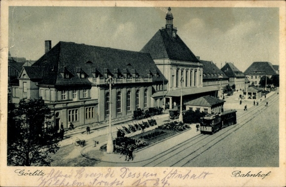 Ak Görlitz in der Lausitz, Bahnhof,  Gebäude, Straßenbahn, Stadtansicht