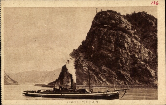 Postcard Sankt Goarshausen am Rhein, Loreley, Loreley rock, steamer