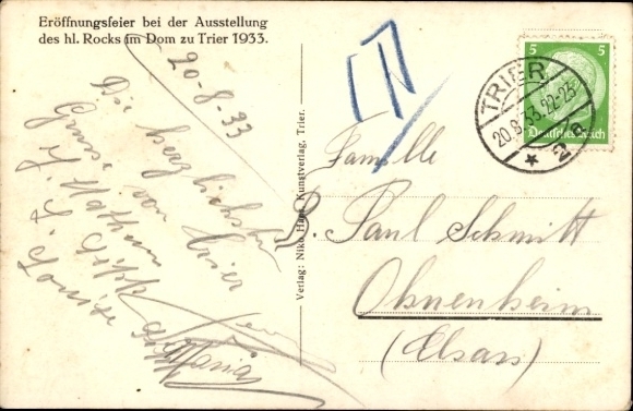 Postcard Trier, opening ceremony at the exhibition of St. Rocks in the cathedral 1933