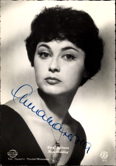 Postcard actress Elma Karlowa, portrait, Rose Monday, Gloria, autograph
