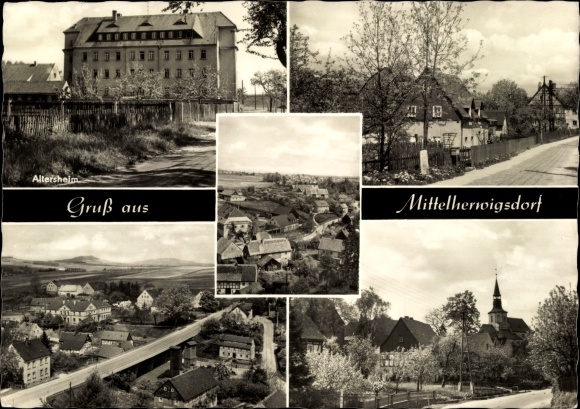 Postcard Mittelherwigsdorf in Oberlausitz, retirement home, church, panorama