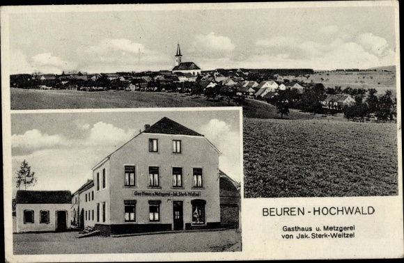 Postcard Beuren Hochwald in the Hunsrück, inn and butcher's shop, total view