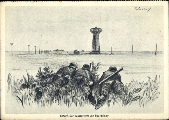 Artist Postcard Scharf, Fourdrinoy Somme, water tower, Wehrmacht soldiers, soldiers' calendar 1941, WWII