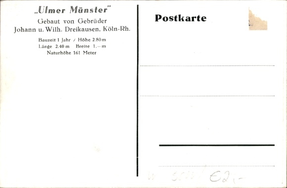 Postcard model Ulm Minster, builder brothers Johann and Wilhelm Dreikausen from Cologne