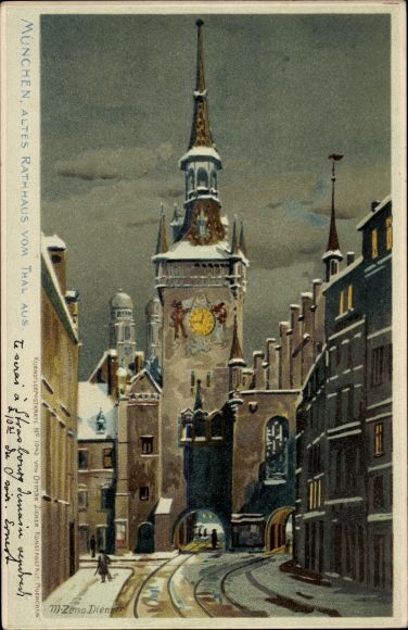Kunstenaarskaart Diemer, Zeno, München, oud stadhuis gezien vanuit het dal, winter