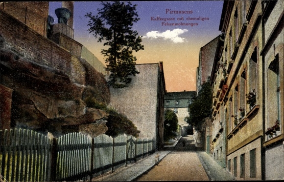 Postcard Pirmasens in the Palatinate Forest, Kaffeegasse, former rock dwellings