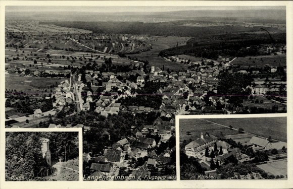Postcard Langensteinbach Karlsbad in Baden, aerial photograph ruin, monastery, airplane