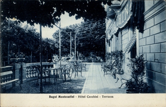 Ak Montecatini Terme Toskana, Terrasse des Hôtel Cecchini, Stühle, Bäume, Weg
