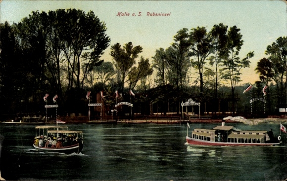 Postcard Halle an der Saale, Rabeninsel, Salondampfer