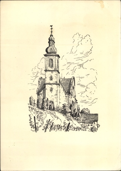 Postcard Halsheim am Rhein, parish church of St. Gereon