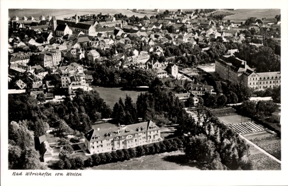 Postcard Bad Wörishofen in Unterallgäu, aerial photograph of townscape, trees, fields, 1951