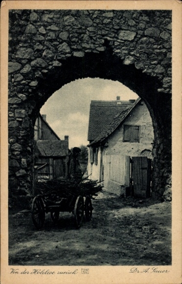 Postcard Zwingenberg on the Bergstraße in Hesse, back from the wood harvest, view through the gate, Dr. A. Sauer