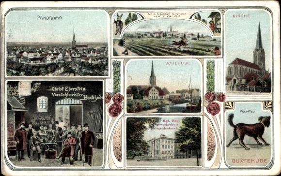 Ak Buxtehude im Kreis Stade, Panorama, Kirche, Hund, Schleuse, Kriegerdenkmal