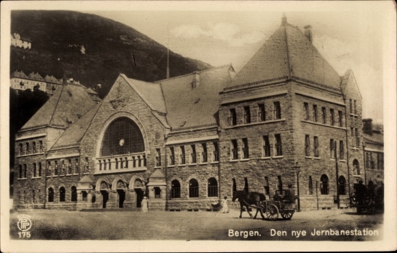 Postcard Bergen Norwegen, the new railway station