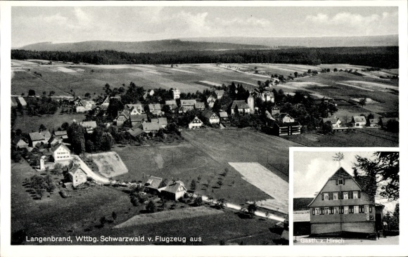 Postcard Langenbrand Schömberg in the Black Forest Württemberg, aerial photograph, Gasthaus Zum Hirsch