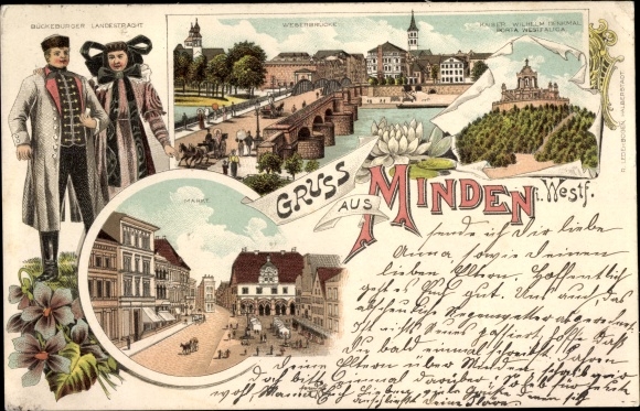 Chromo-Litho Minden in Westphalia, Weser bridge, market, Kaiser Wilhelm monument Porta Westfalica, costumes