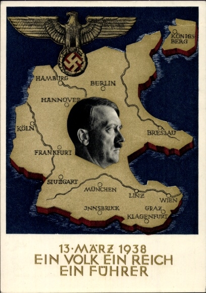 Postal stationery Postcard Klein, One people, one empire, one leader, Anschluss of Austria 1938, Greater Germany