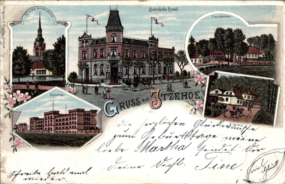 litho Itzehoe in Holstein, kerk, kazerne, stationshotel, Freudenthal, Eichthal