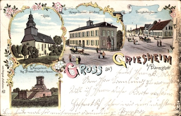 Chromo-Litho Griesheim near Darmstadt, church, war memorial, Darmstädter Straße, mausoleum