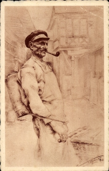 Postcard Altkötzschenbroda Radebeul Saxony, man with pipe and basket in front of a row of houses
