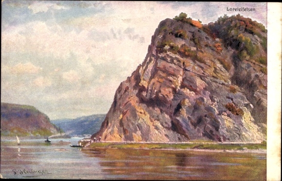 Künstler Ak Heilinger, St. Goarshausen am Rhein, Loreleyfelsen