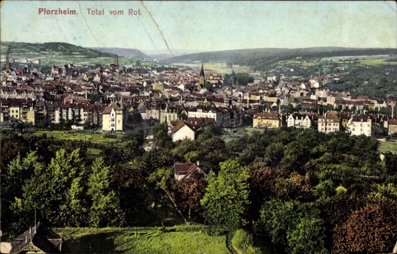 Postcard Pforzheim in the Black Forest, city view, colorful landscape, historical architecture