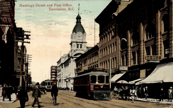 Postcard Vancouver British Columbia Canada, Hastings Street and Post Office, Tram