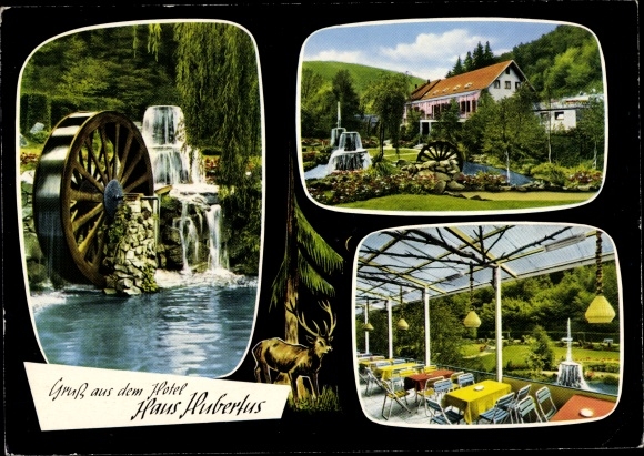 KP Rieden w Eifel, młyn Rieden, Hotel Haus Hubertus, koło młyńskie, budynek z fontanną