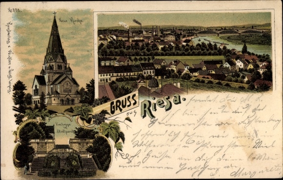 Litho Riesa an der Elbe Sachsen, Kirche, Stadtpark, Panorama