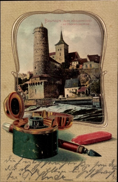 passe-partout Ak Bautzen Oberlausitz, Oude waterwerken, Michaeliskirche, Inktpot, Vulpen