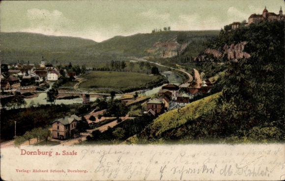 Postcard Dornburg an der Saale Thuringia, view of Dornburg, Saale, river, mountains, landscape, buildings