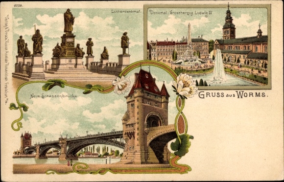 Postcard Worms, Luther Monument, New Road Bridge, Grand Duke Ludwig IV Monument
