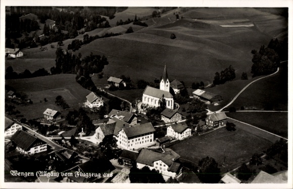 Postcard Wengen Weitnau in Allgäu Swabia, aerial view of Wengen, church, rural surroundings