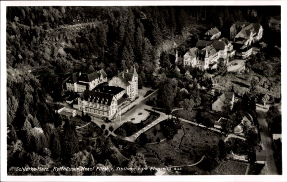 Postcard Schierke Wernigerode in the Harz Mountains, aerial view of the Kyffhäuser Hotel Fürst, surrounded by trees and