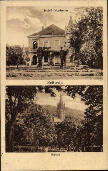 Postcard Reitwein im Oderbruch, castle north side, church