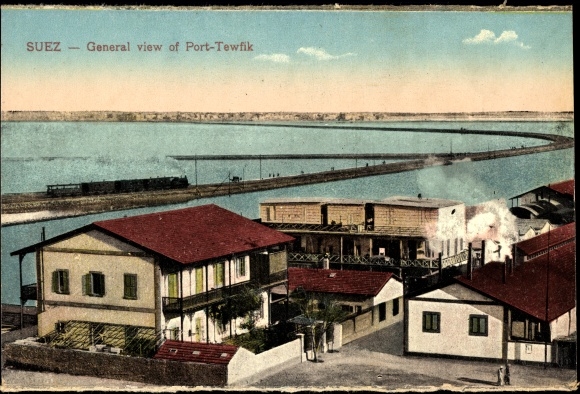 PC Port Tewfik Suez Egypt, harbor area, steam locomotive, railway line