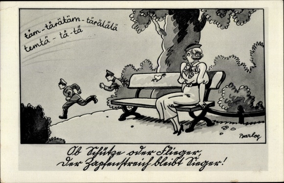 Künstler Ak Barlog, Wehrmachtsoldaten, Zapfenstreich, Frau auf Parkbank, Soldatenhumor