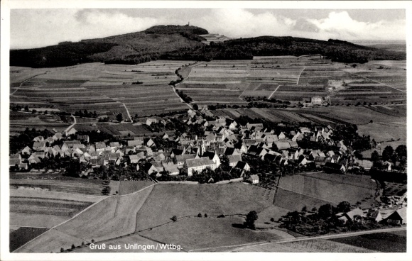 Postcard Unlingen in Upper Swabia Württemberg, aerial view of the village surrounding fields, hilly landscape