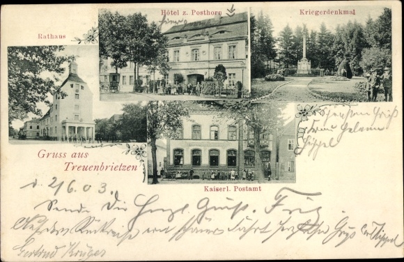 Postcard Treuenbrietzen in Brandenburg, Hotel zumn Posthorn, war memorial, town hall