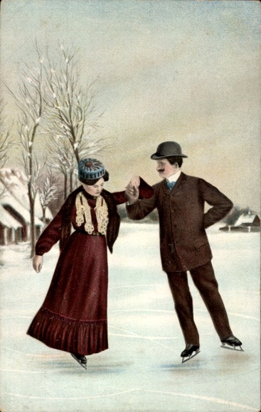 Postcard Man with woman ice skating