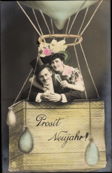 Ak Glückwunsch Neujahr, Mann mit Frau, Ballonfahrt