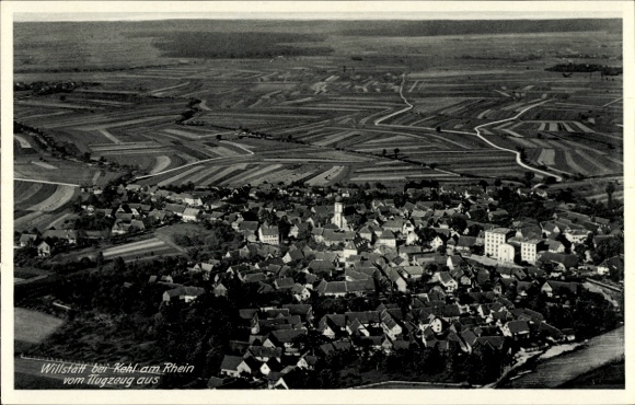 Postcard Willstätt in Baden, aerial photograph of Willstatt, the village, agricultural areas, 1938